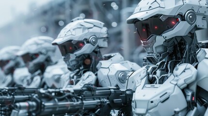 Rows of military robots stand ready in a futuristic city, showcasing their advanced weaponry and high-tech design