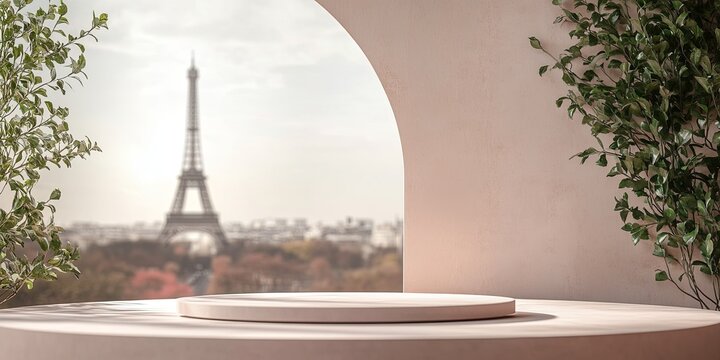 Parisian Dream: Minimalist Product Display with Eiffel Tower View 