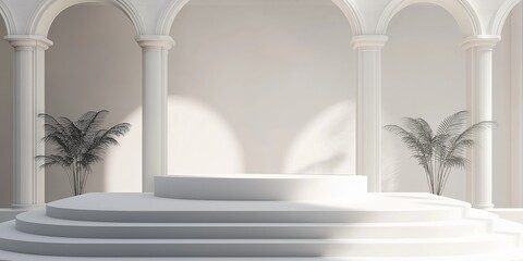 Fototapeta premium Minimalist Archway Product Display: A clean and contemporary product display with a curved archway, a circular platform, and soft, natural light. Perfect for showcasing your products .