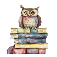 Obraz premium Watercolor Owl on Stack of Vintage Books