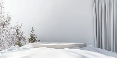 Winter Wonderland Product Display: A minimalist snowdrift platform set against a frosted archway, flanked by delicate winter foliage, offers a serene stage for showcasing winter products. 