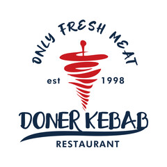 Doner Kebab or shawarma emblem. Restaurant, grill bar, barbecue symbol. Cuisine food, skewer or rotating spit with grilled meat. 