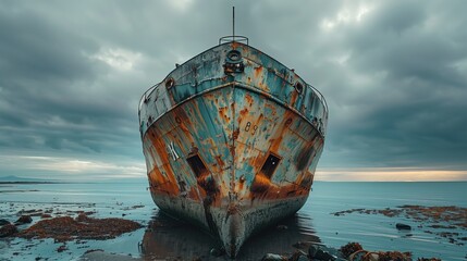 Old rusty abandoned ship on the seashore