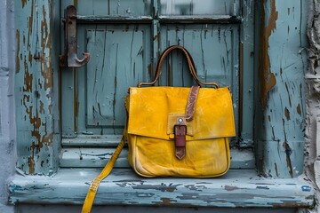 Vintage Yellow Handbag Against a Weathered Blue Window
