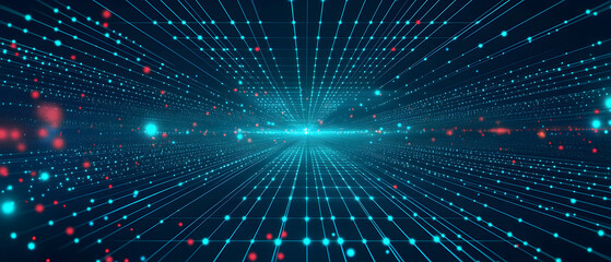 Obraz premium A vector illustration showcasing a dynamic technology background, flat color palette with green blue and teal hues. Dots and lines connect in a grid, angled in perspective to simulate depth