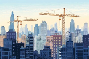 Urban Construction at Sunset Captivating Silhouettes of Cranes Against a Cityscape Background