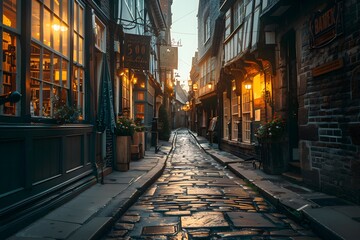 Fototapeta premium Enchanting Cobblestone Alleyway Illuminated by Warm Lights at Dusk