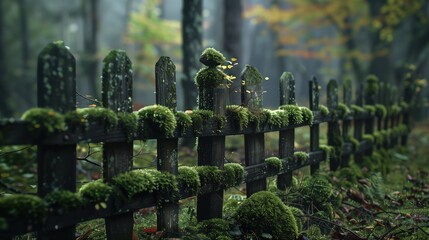 An old wooden fence overgrown with moss and greenery