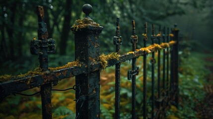 Old rusty metal fence overgrown with moss and greenery
