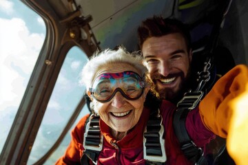 A senior woman enjoys a tandem skydiving experience.