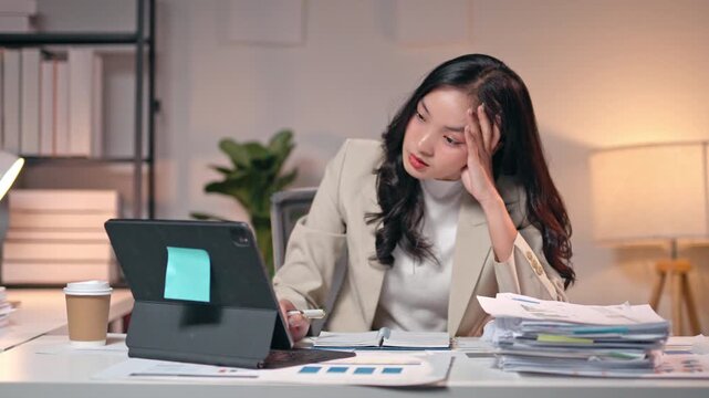 Businesswoman struggling to stay awake at her desk, ultimately succumbing to exhaustion and overwhelming fatigue