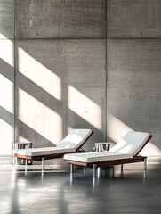 Two wooden lounge chairs with white cushions.
Generative AI