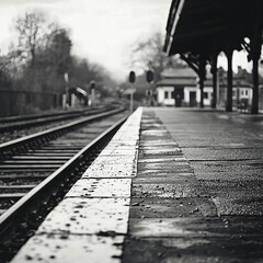 Vintage train station platform track, retro style, black.
Generative AI