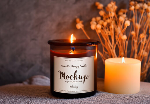Aromatic Dark Glass Candle Mockup on Cozy Light with Sand an Dry Flowers Background with Generative AI.zip