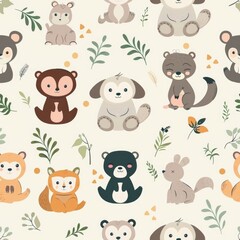 Fototapeta premium Seamless pattern, cute animal cartoon pattern, vector graphics, suitable for children.