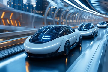 Obraz premium Autonomous vehicles on smart highways, depicting the future of transportation