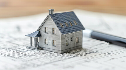 A house model is sitting on top of a blueprint