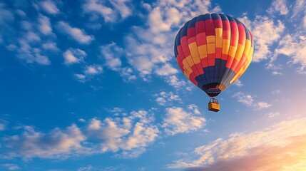 Fototapeta premium Colorful Hot Air Balloon Ascending Against a Blue Sky with White Clouds