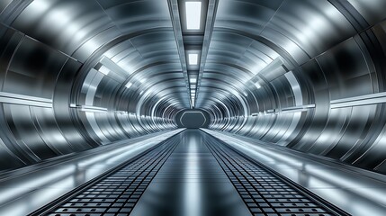 Obraz premium Digital Dreams: Hyper-Realistic Futuristic Metal Tunnel in Silver and Chrome Tones