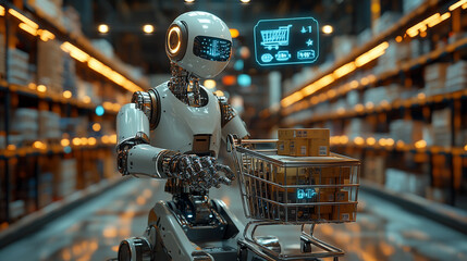 Sales discounts season black friday digital retail, robot doing shopping using internet
