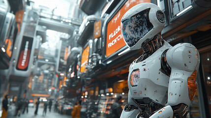 Sales discounts season black friday digital retail, robot doing shopping using internet