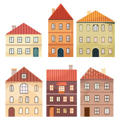 Colorful European houses facades. Houses front view illustration set. Six colorful cartoon buildings with tiled roof, large windows. Architecture colored sketches, drawings