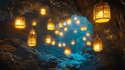 Enchanting Cave of Floating Lanterns in Mesmerizing Golds and Blues - Hyper-Realistic Photography