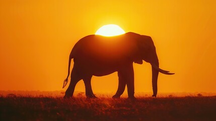 Naklejka premium Elephant silhouette with warm orange background conceptual selective focus