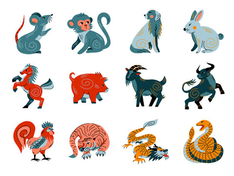 Chinese calendar horoscope zodiac animals. Cute funny mascots of New Year set isolated on white. Asian lunar astrology symbols collection. For greeting card, logo, banner. Vector illustration. - Powered by Adobe