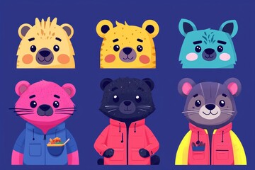 Fototapeta premium Six Adorable Cartoon Animals Wearing Hoodies