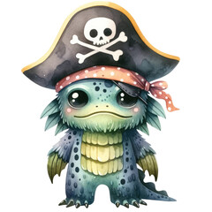 Naklejka premium Adorable dragon dressed as a pirate with a black hat, skull, and crossbones, wearing an eye patch. Perfect for children's themes and designs.