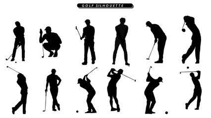 collection of Golf man silhouettes in different posses clipart vector illustrator