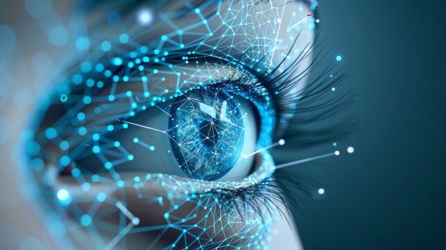 blue digital eye, concept of surveillance and vision technologies, face recognition and enhancing security. intelligent vision, support applications in security, healthcare.
