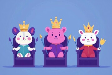 Naklejka premium Three Adorable Cartoon Animals Wearing Crowns and Sitting on Thrones