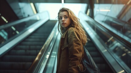 Obraz premium Young girl standing on an escalator