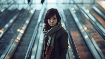 Obraz premium Young girl standing on an escalator