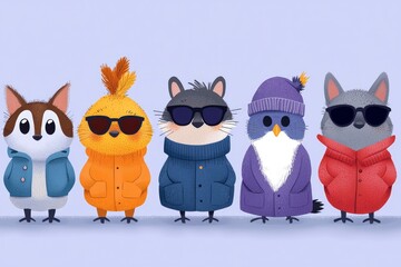 Obraz premium Cute Cartoon Animals Wearing Winter Clothes