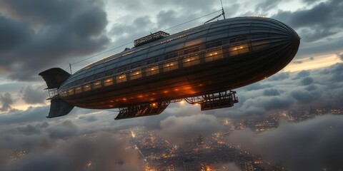 Naklejka premium Steam-Powered Airship Over City - Ultra-Detailed Photorealistic