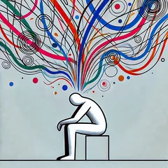 A minimalistic and colorful illustration of a person overwhelmed by chaotic thoughts, symbolizing the burden of overthinking. © ines39