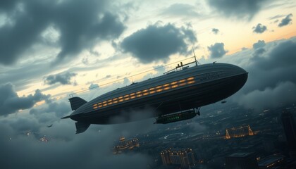 Fototapeta premium Steam-Powered Airship Over City - Ultra-Detailed Photorealistic