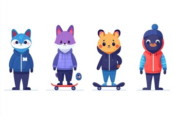 Fototapeta premium Cute Cartoon Animals in Winter Outfits Skateboarding