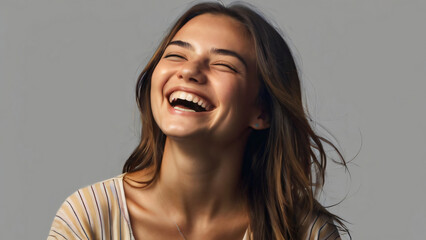 Happy young woman smiling and laughing, isolated on a transparent background