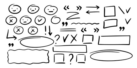 Set of graphic black elements of scribbles, notes, underlines, frames, highlights, accents, emotions on margins of summary, text document. Vector hand-drawn illustration on an isolated background.