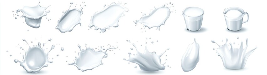 Obraz premium Milk Splashes and Glass Pitchers on White Background