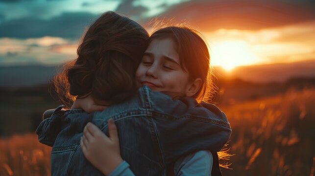 Mother embraces daughter at sunset  navigating teenage challenges with love.