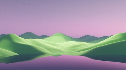 Obraz premium Tranquil Neon Green Hills Under Starry Night Sky with Lavender Background and Reflection - 3D Render