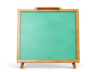 Bright Empty green chalkboard with eraser and white chalk hang on the wall isolated