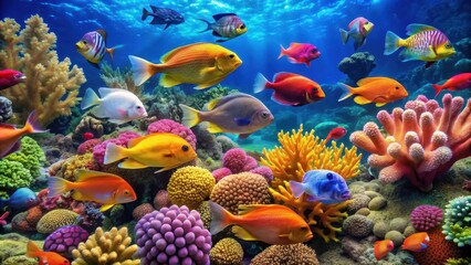 Vibrantly colored tropical fish in a coral reef setting , underwater, marine life, swimming, colorful, tropical, ocean