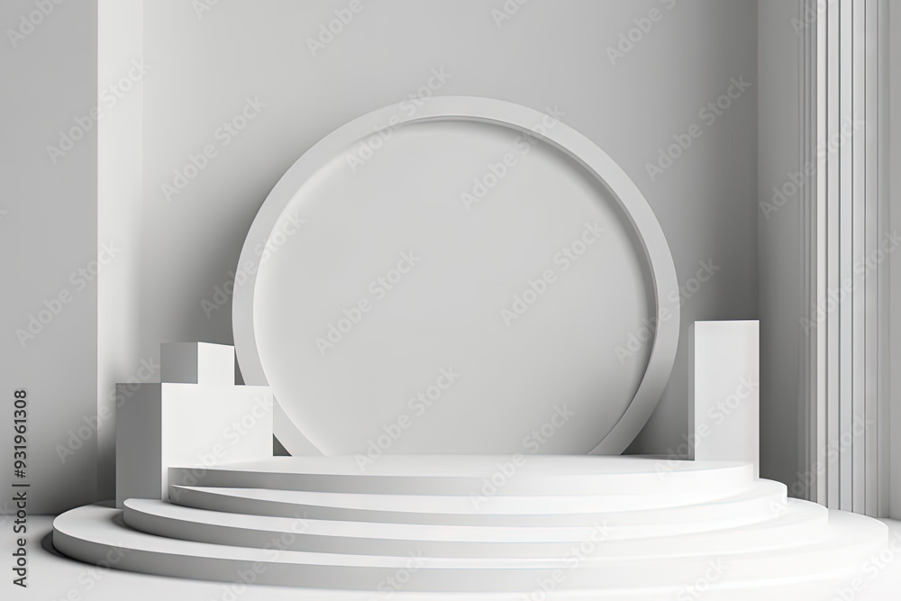 Poster pedestal in the room in white color with geometric shapes. podium for product showcase with geometri