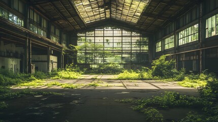 72. **An empty convention hall with nature creeping into the once-bustling space